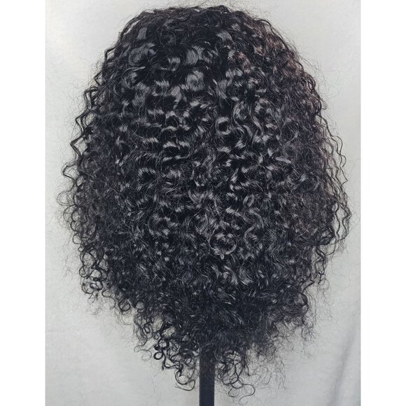 OQ Water Wave Human Hair 18" Curly Half Wig 180% Density Glueless 3 in 1 Black - Picture 4 of 9